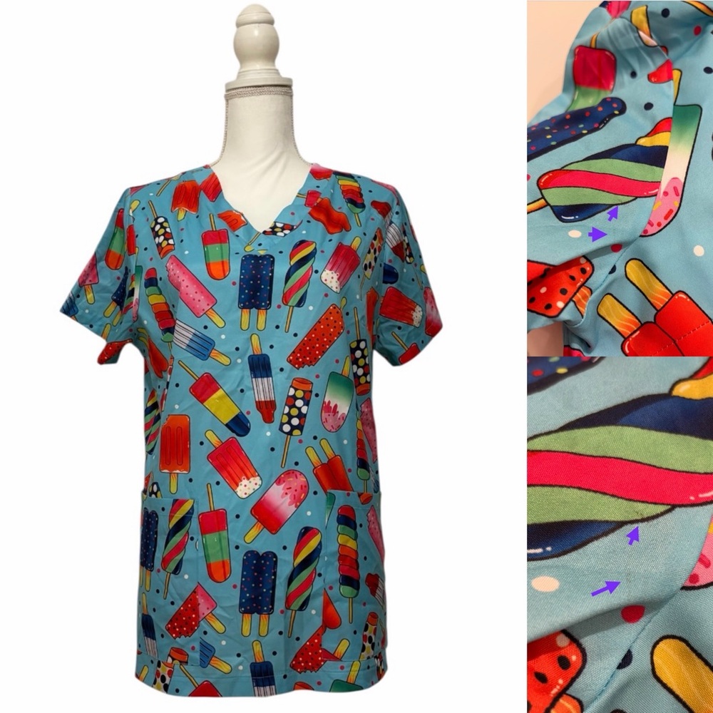 Colorful Popsicle Print Nursing Medical Scrub Top with Pockets Women’s Large